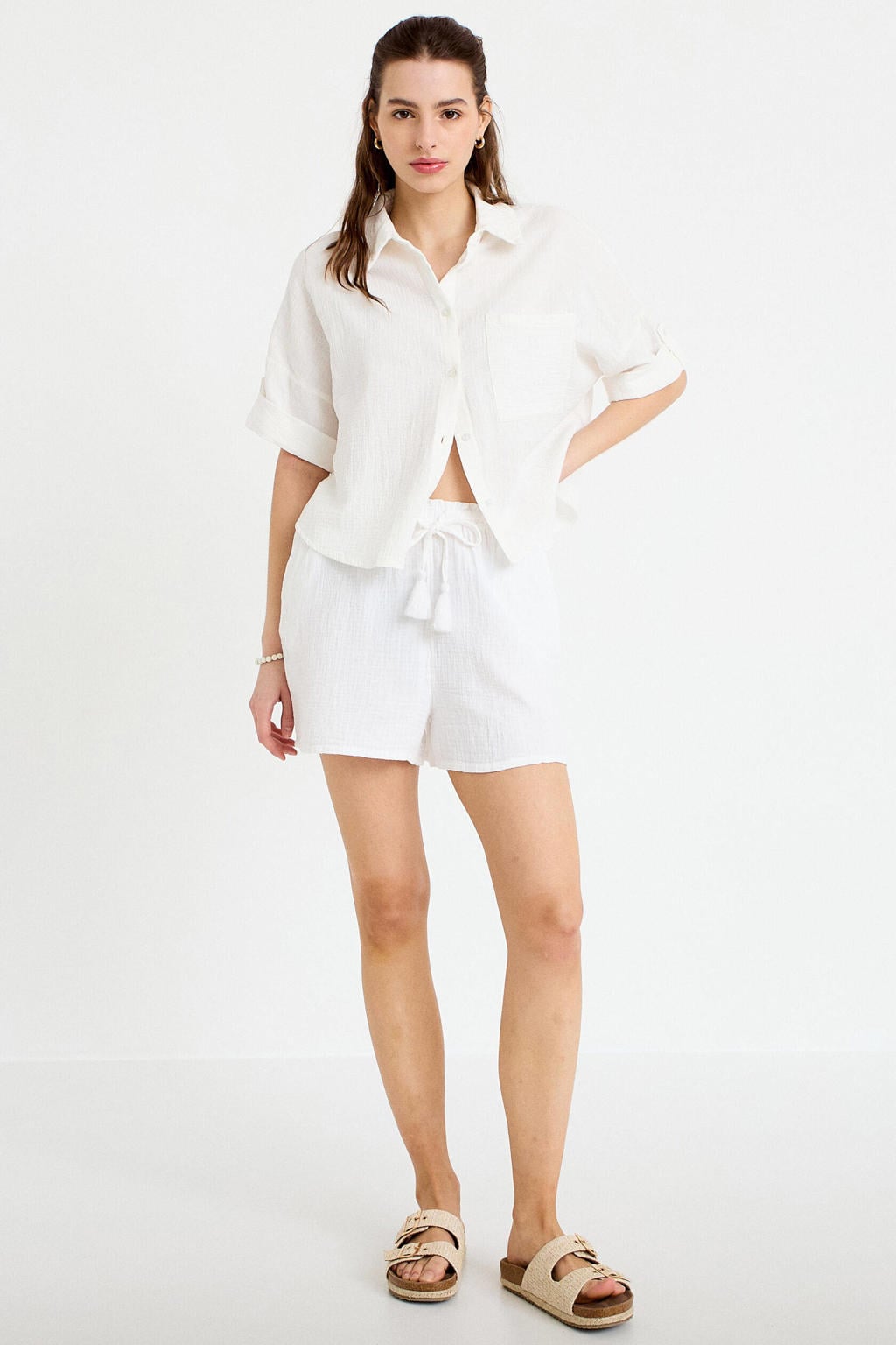 Ecru dames Cache Cache blouse van katoen met effen, driekwart mouwen, klassieke kraag en knoopsluiting