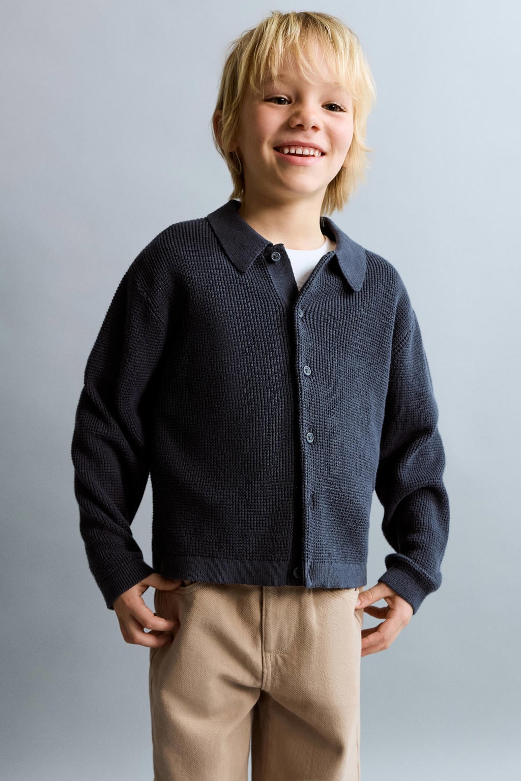 Donkerblauwe jongens Mango Kids vest gebreid van katoen met effen, lange mouwen en klassieke kraag