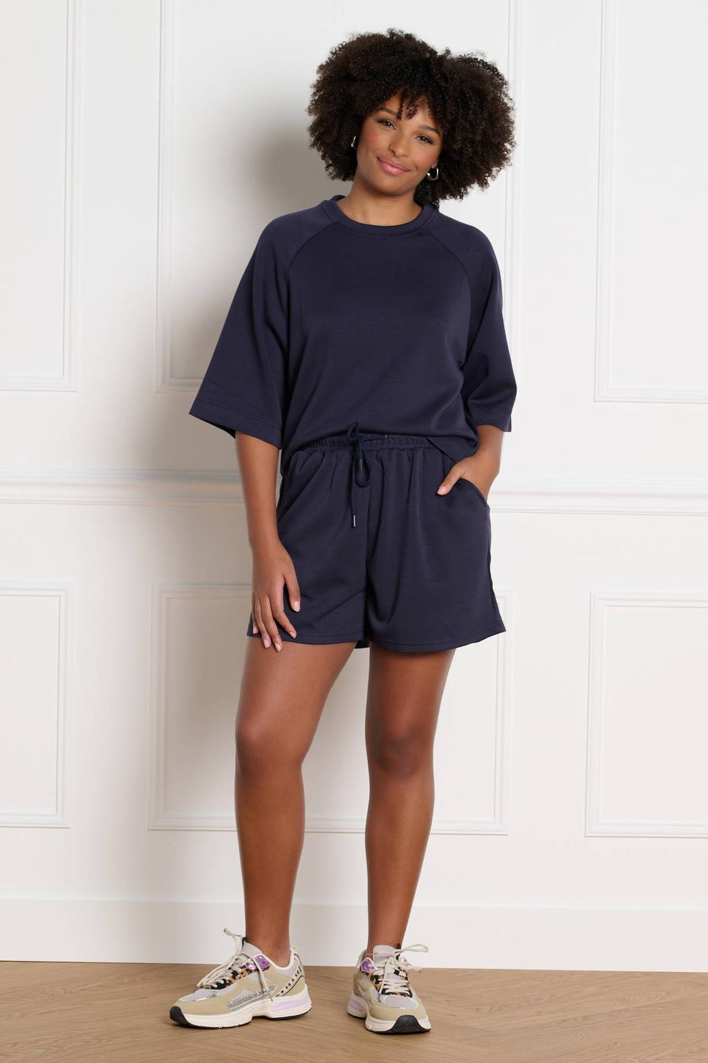 Donkerblauwe dames LOLALIZA regular waist casual short van polyester met elastische tailleband met koord en effen