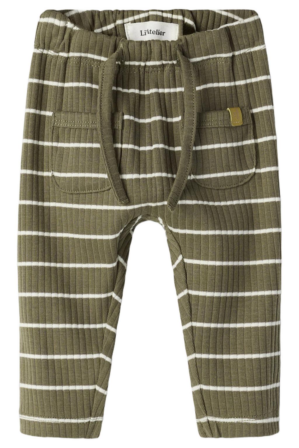 Groen en ecru jongens LIL' ATELIER BABY regular gestreepte babybroek van stretchkatoen met elastische tailleband met koord