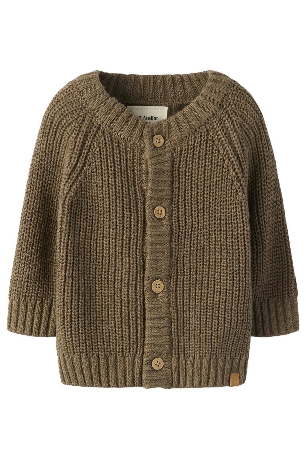 Bruine jongens LIL' ATELIER BABY vest gebreid van katoen met effen, lange mouwen, ronde hals en knoopsluiting
