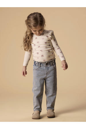 aansluitend longsleeve met ruches en print - ecru