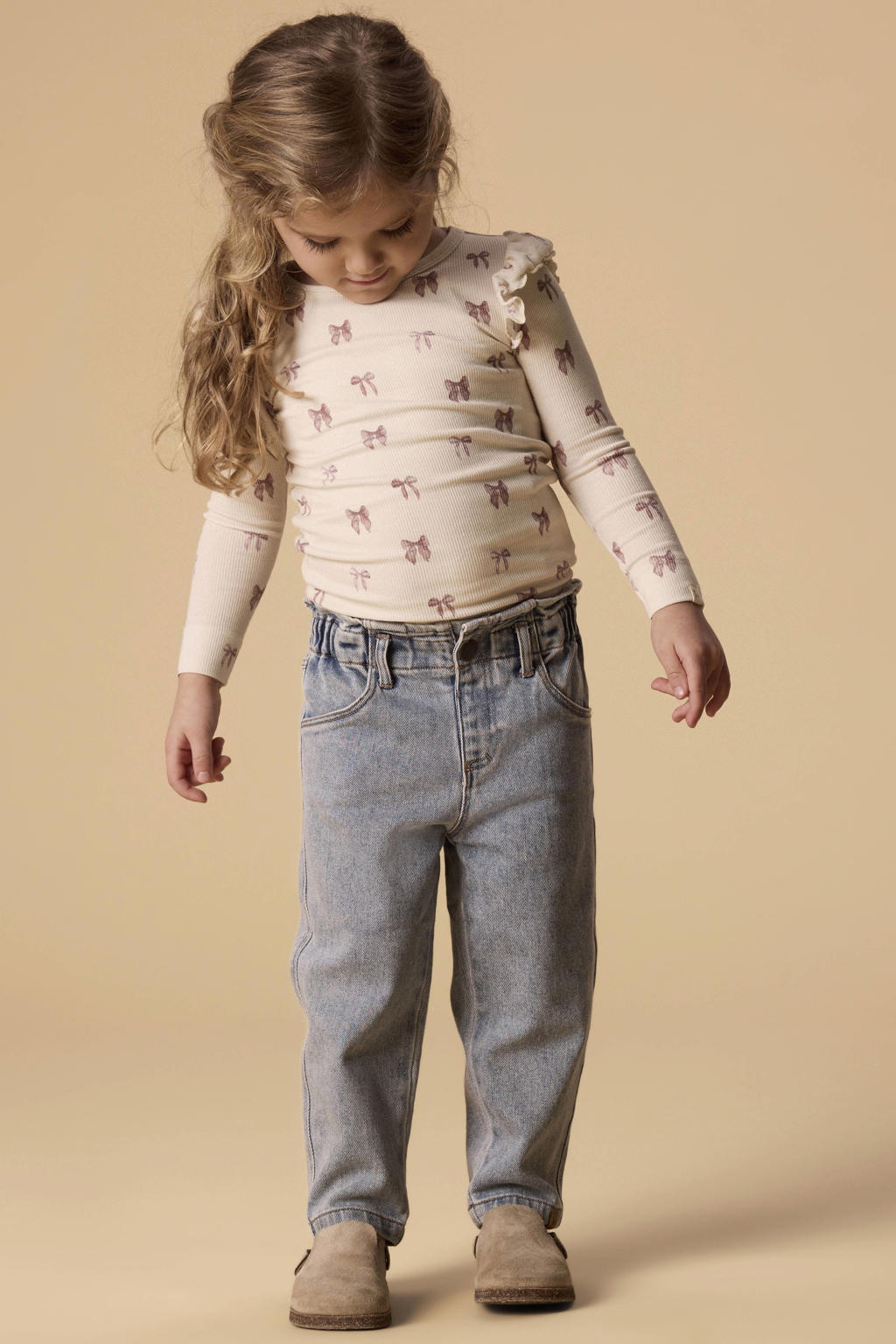Ecru en paarse meisjes LIL' ATELIER MINI aansluitend longsleeve en print met lange mouwen, ronde hals en ruches
