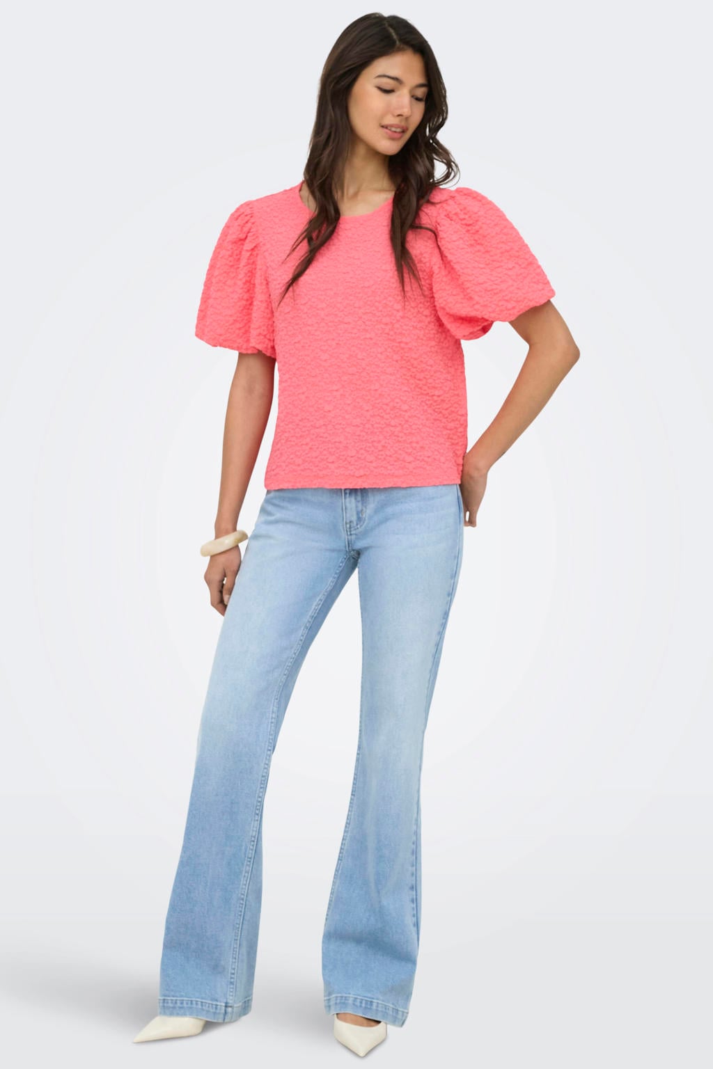 Roze dames ONLY top broderie van polyester met effen, korte mouwen en ronde hals