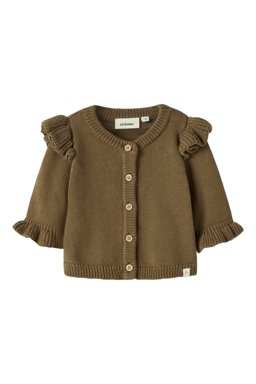 Bruine meisjes LIL' ATELIER BABY katoenen gebreide vest met lange mouwen, ronde hals en knoopsluiting