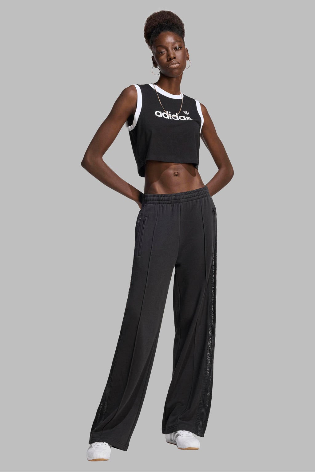 Zwarte dames adidas Originals Firebird Lace joggingbroek van katoen met loose fit, regular waist en elastische tailleband