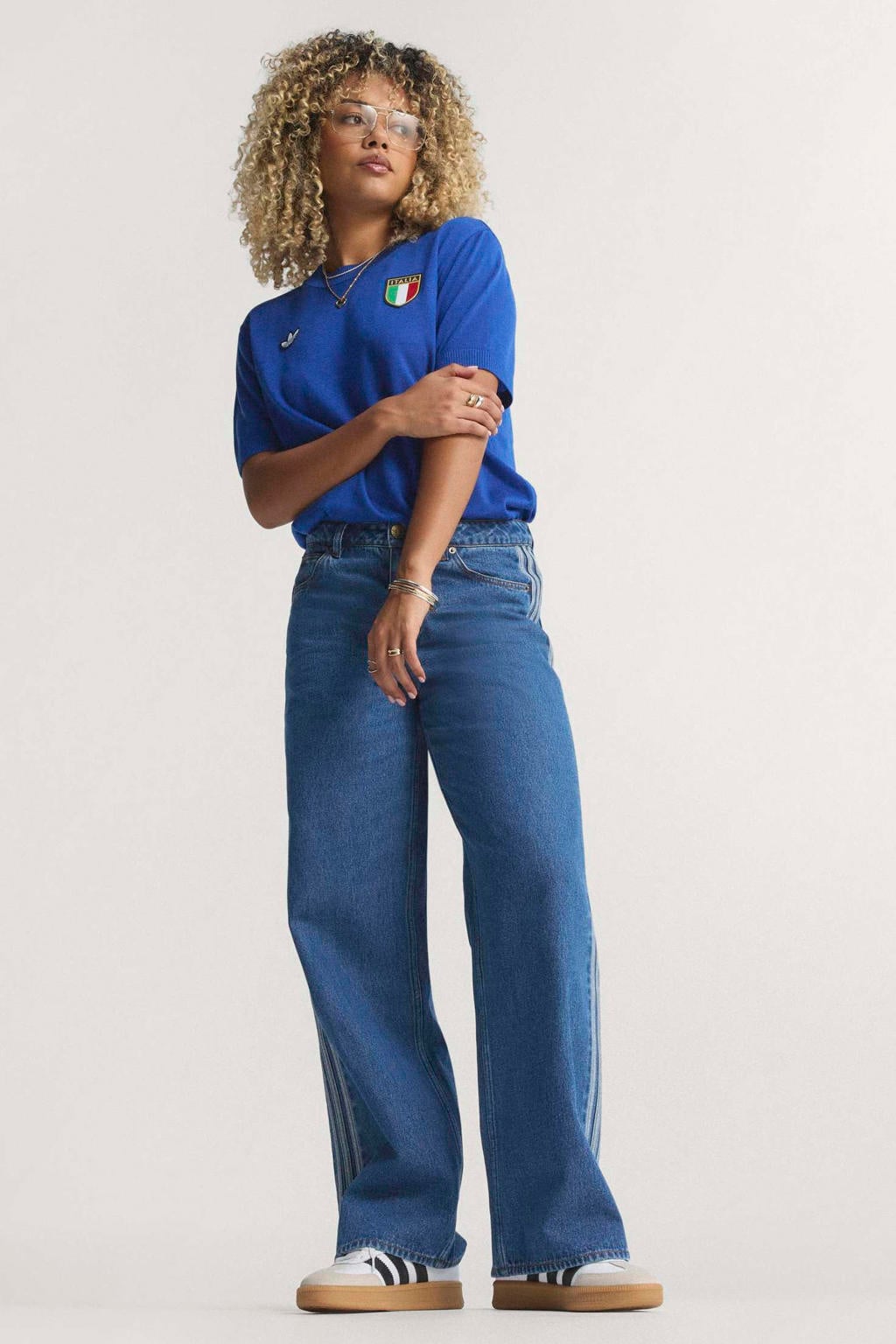 Blauwe dames adidas Originals Firebird broek van denim met regular waist, rits- en knoopsluiting en effen
