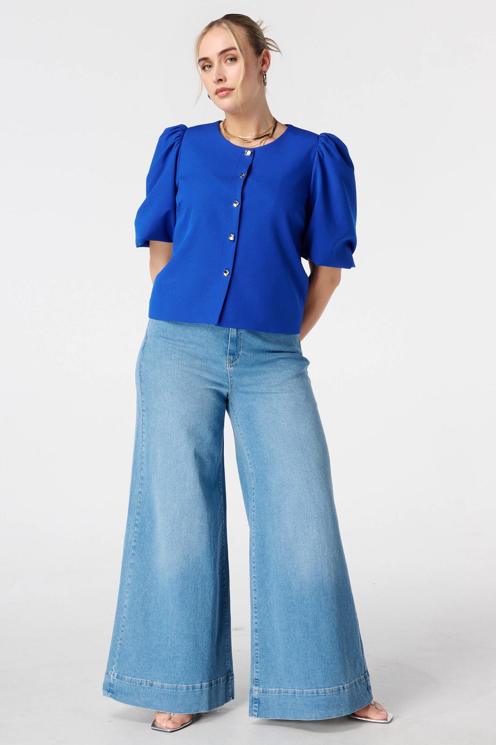 Blauwe dames MS Mode regular blazer van polyester met effen, driekwart mouwen, klassieke kraag en knoopsluiting