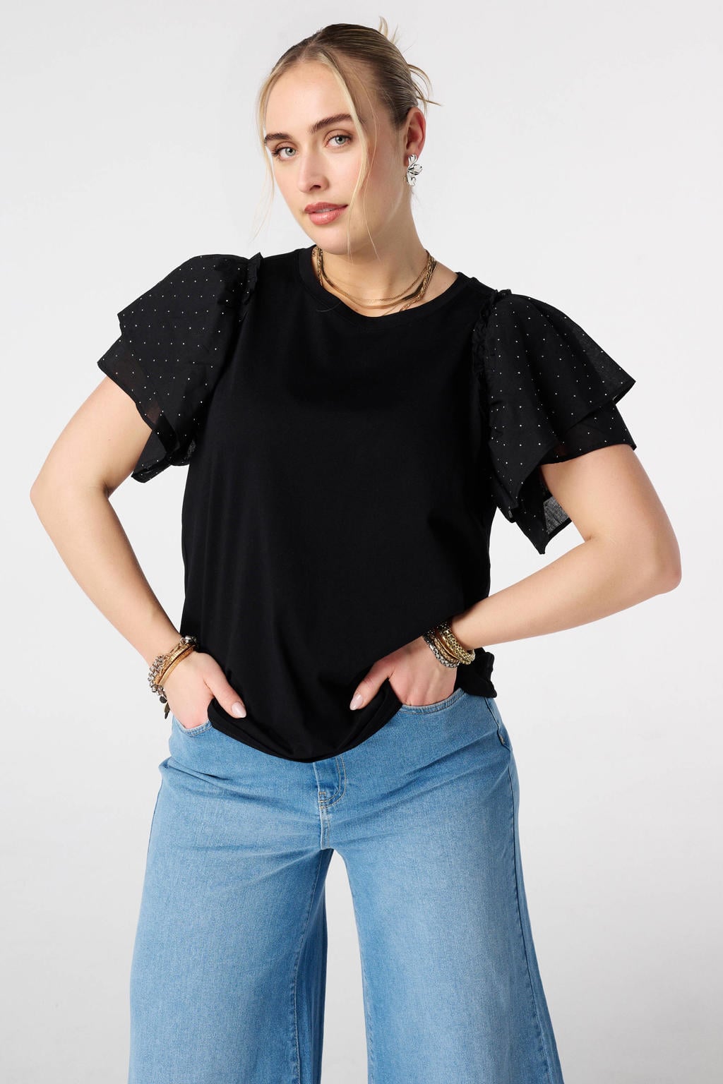 Zwarte dames MS Mode top met effen, korte mouwen, klassieke kraag en ruches
