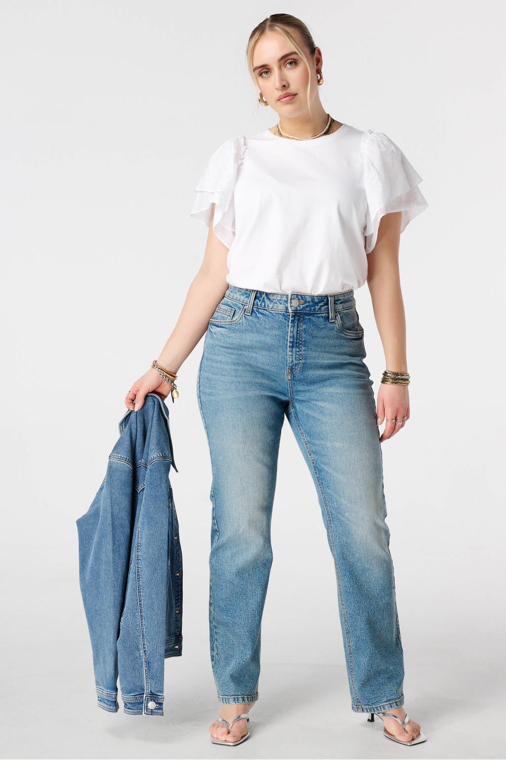 Witte dames MS Mode top met effen, korte mouwen, klassieke kraag en ruches