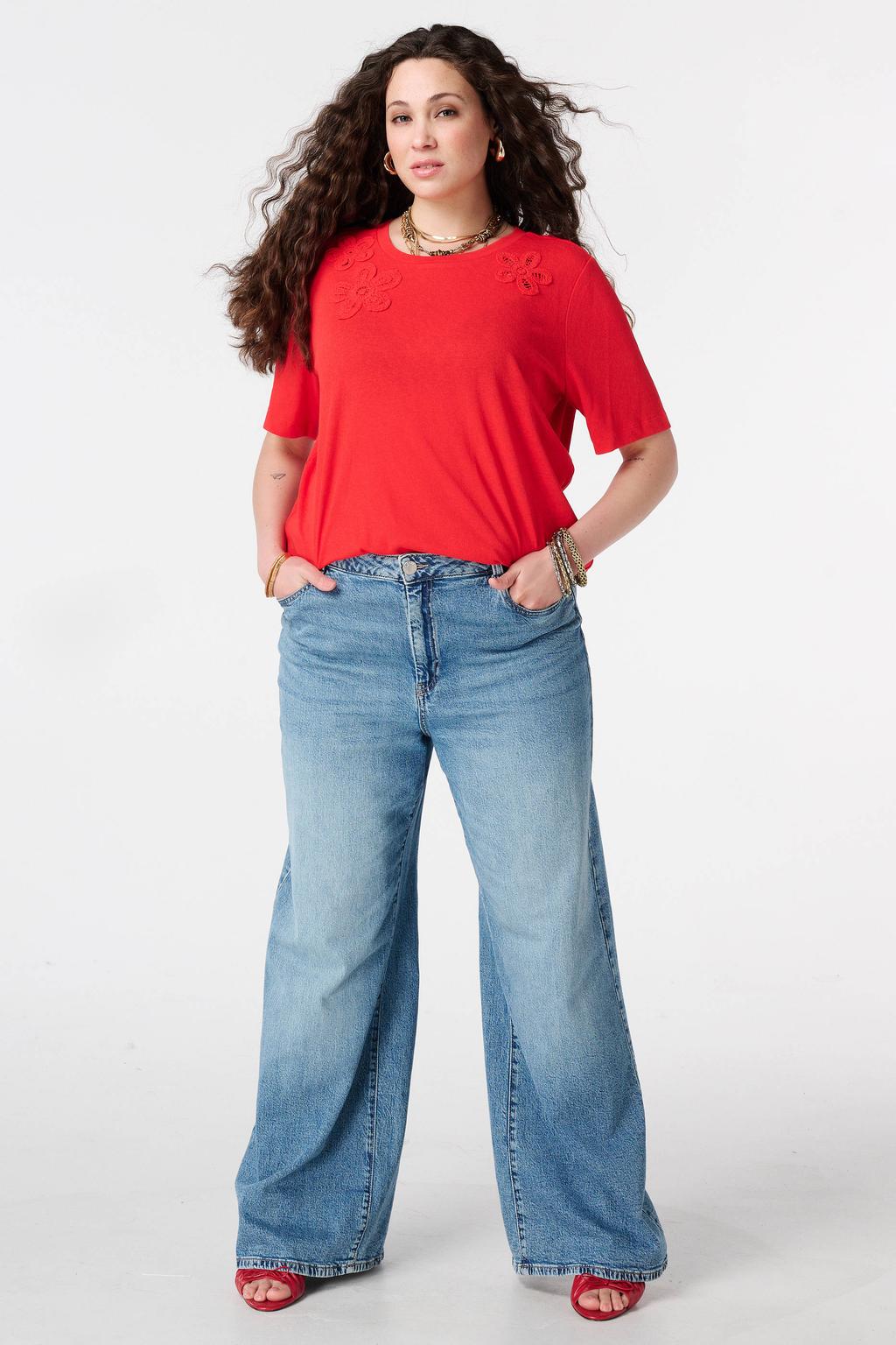 Rode dames MS Mode T-shirt van katoen met effen, korte mouwen, klassieke kraag en borduursels