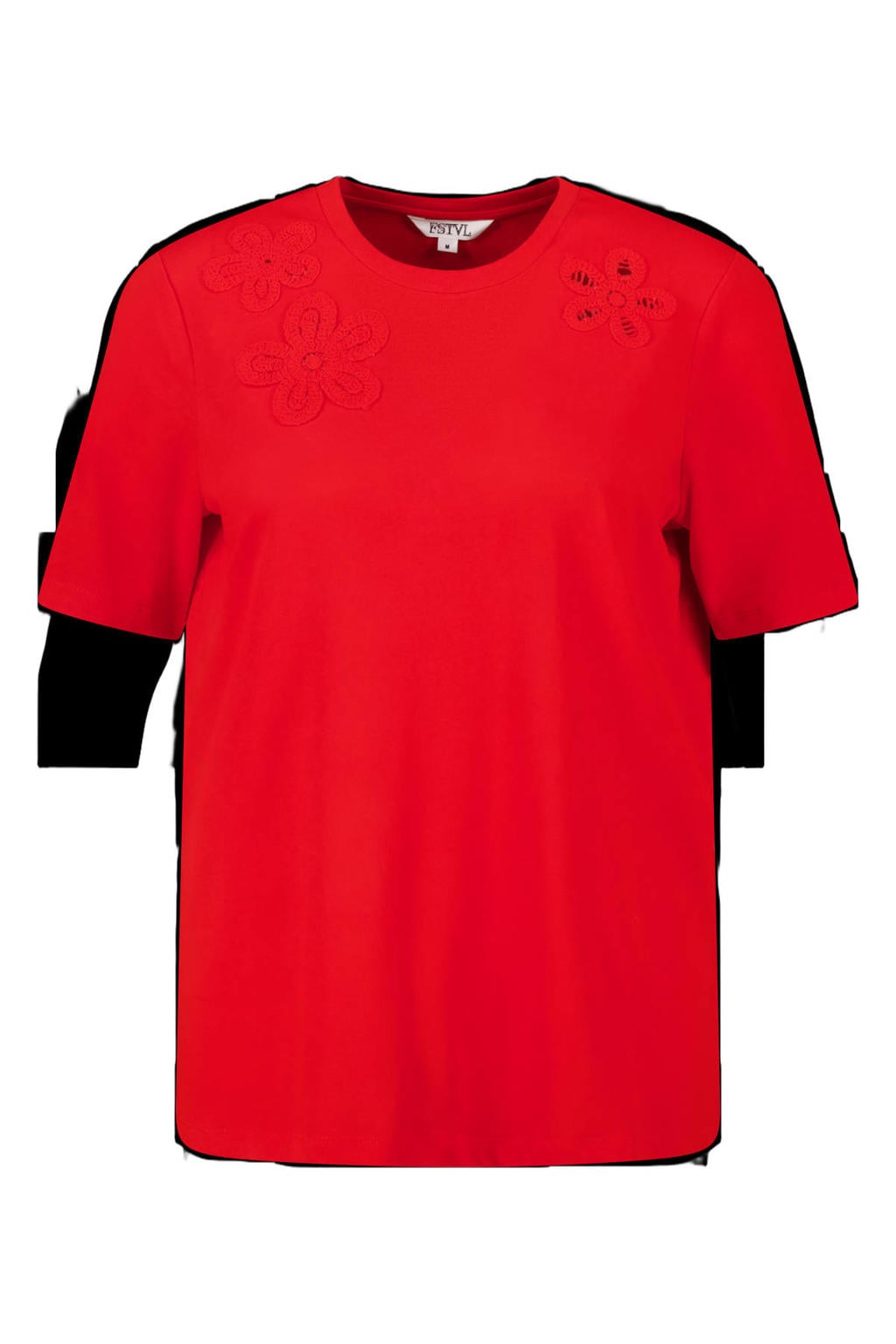 Rode dames MS Mode T-shirt van katoen met effen, korte mouwen, klassieke kraag en borduursels