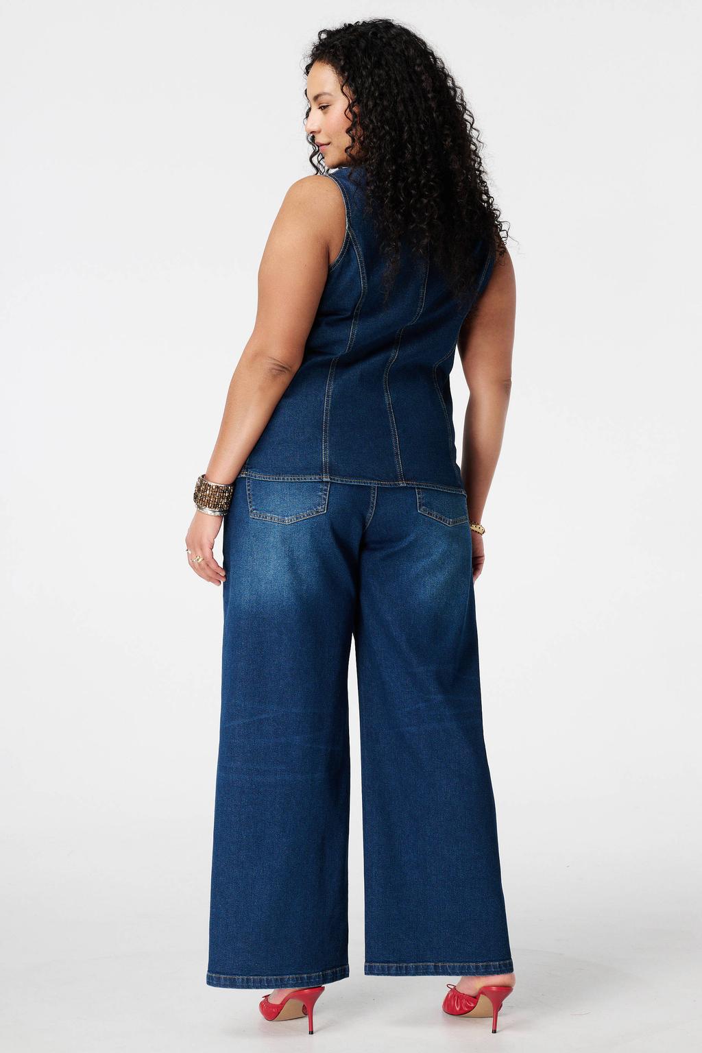 Dark blue denim dames MS Mode wide leg jeans dark blue van denim met rits- en knoopsluiting en effen