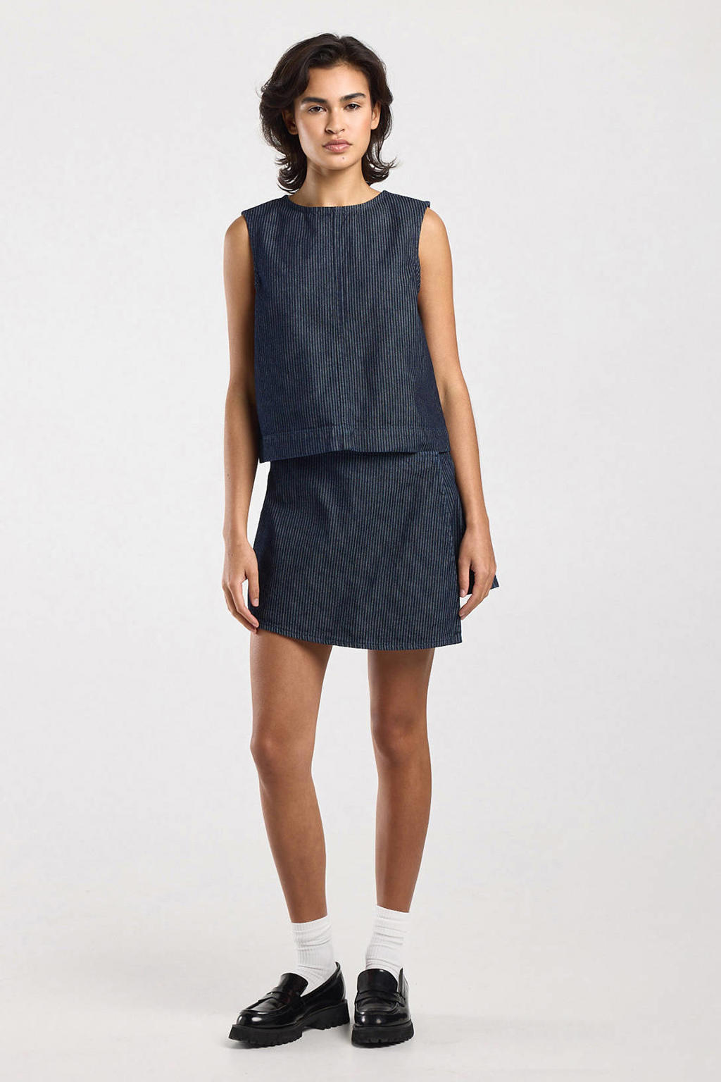 Dark blue denim dames America Today mini wikkelrok gemaakt van denim en met ritssluiting