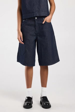 wide leg high waist gestreepte short dark blue denim