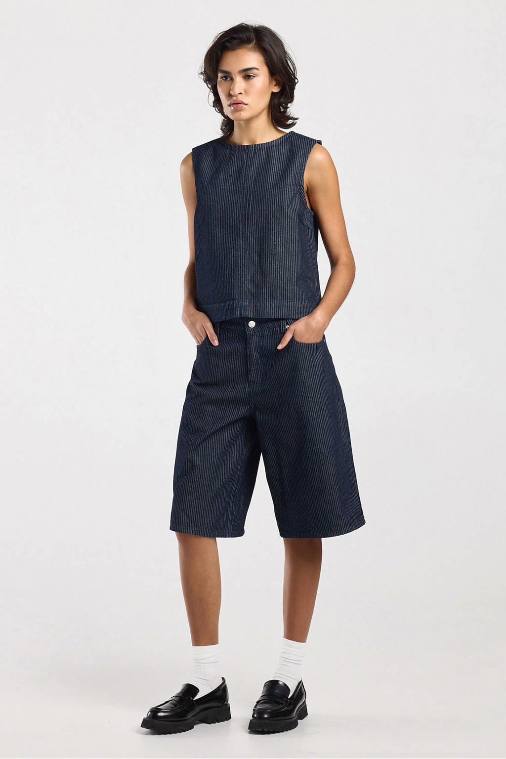 Dark blue denim dames America Today wide leg high waist gestreepte short van denim met rits- en knoopsluiting