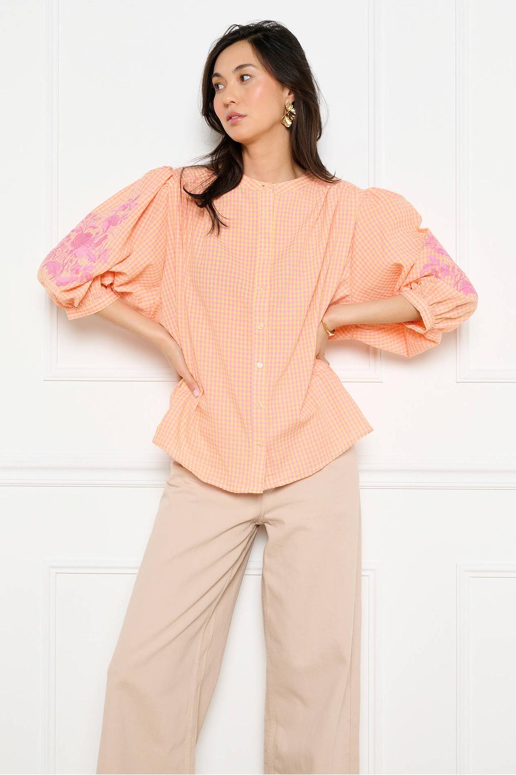 Roze en gele dames LOLALIZA geruit blouse van polyester met driekwart mouwen, klassieke kraag en knoopsluiting