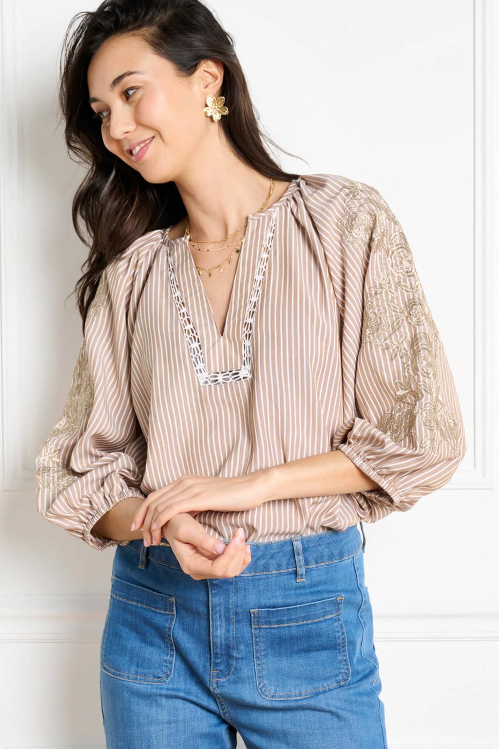 Taupe en ecru dames LOLALIZA gestreepte top van polyester met driekwart mouwen, V-hals en borduursels