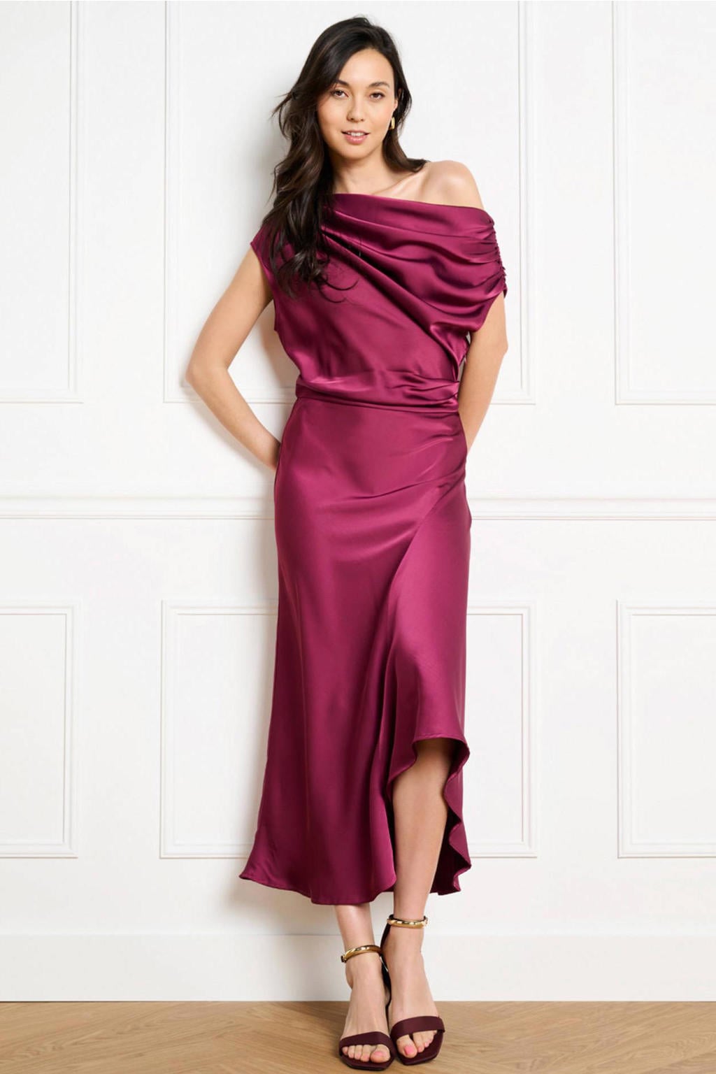 Fuchsia dames LOLALIZA one shoulder jurk van polyester met effen en watervalhals