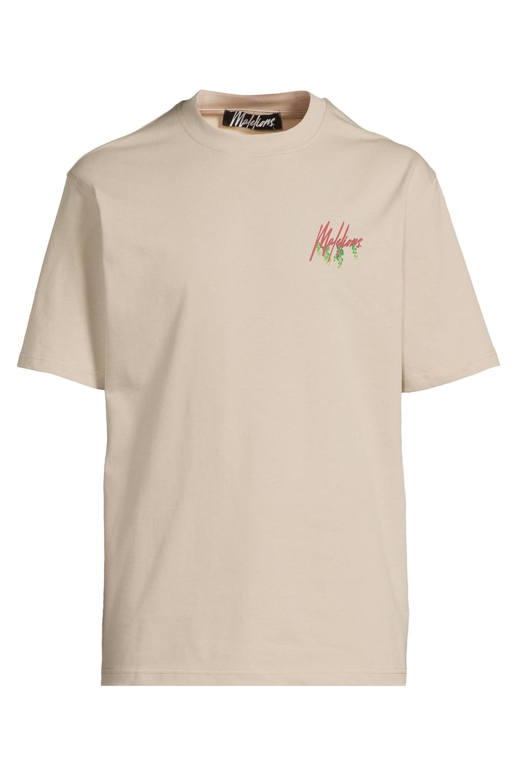 Beige heren Malelions regular T-shirt van katoen met backprint, korte mouwen en ronde hals