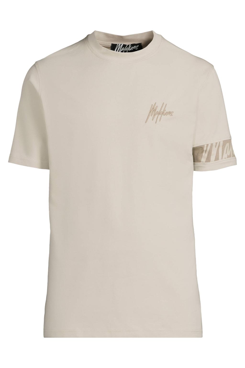 Beige en taupe heren Malelions regular T-shirt van katoen met logo dessin, korte mouwen en ronde hals