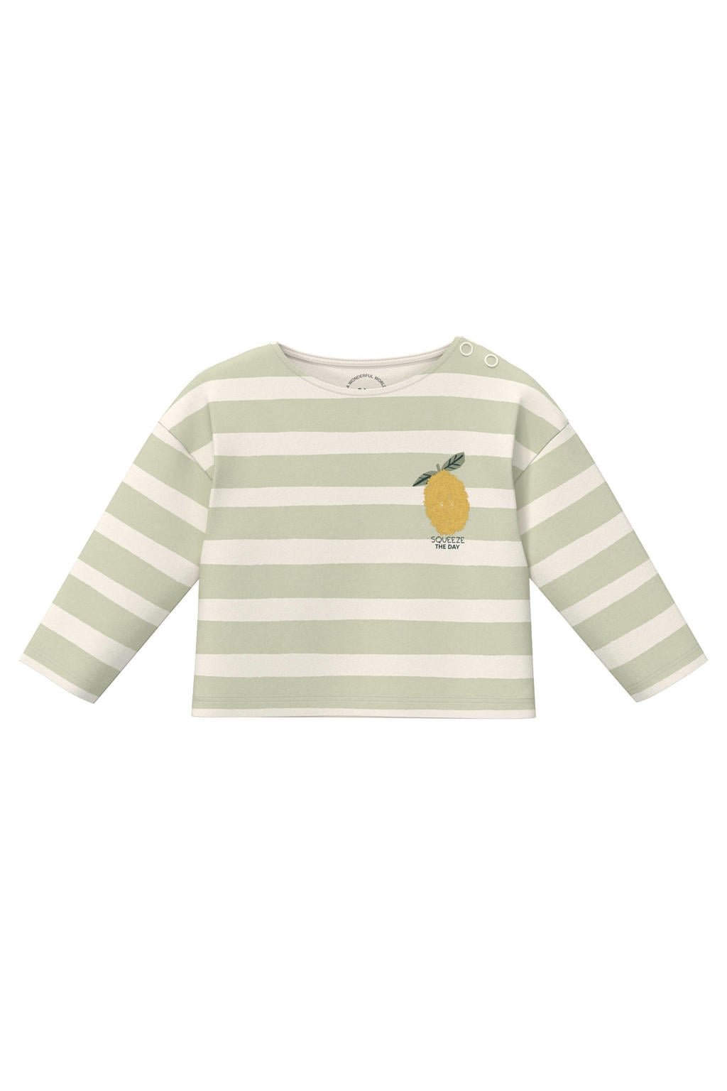 Lichtgroen en ecru jongens s.Oliver gestreepte longsleeve van katoen met printopdruk, lange mouwen, ronde hals en drukknoopsluiting