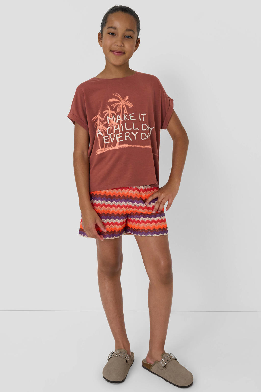Bruine meisjes s.Oliver T-shirt van lyocell met printopdruk, korte mouwen en ronde hals