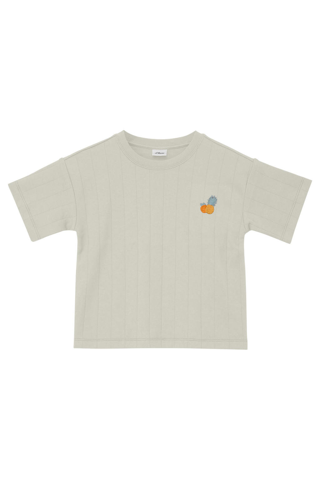 Lichtgrijze jongens s.Oliver T-shirt fijn gebreid van katoen met effen, korte mouwen, ronde hals en borduursels