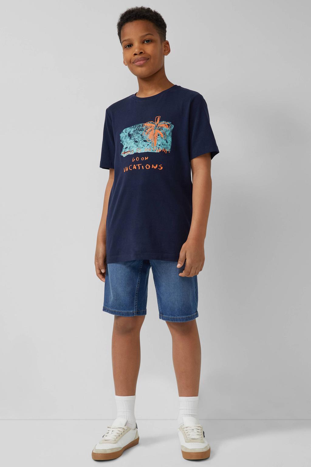 Dark blue denim jongens s.Oliver regular waist short dark blue van denim met rits- en knoopsluiting en effen