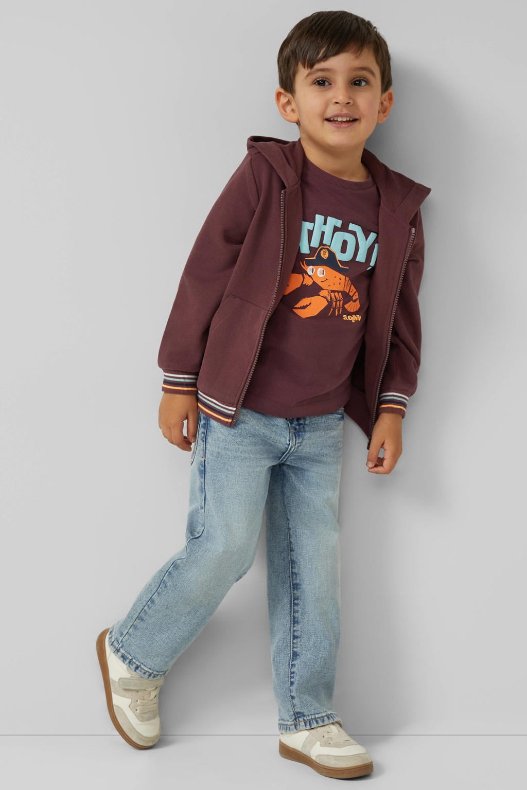Donkerpaarse jongens s.Oliver gestreept sweatvest met effen, lange mouwen, capuchon, ritssluiting en borduursels
