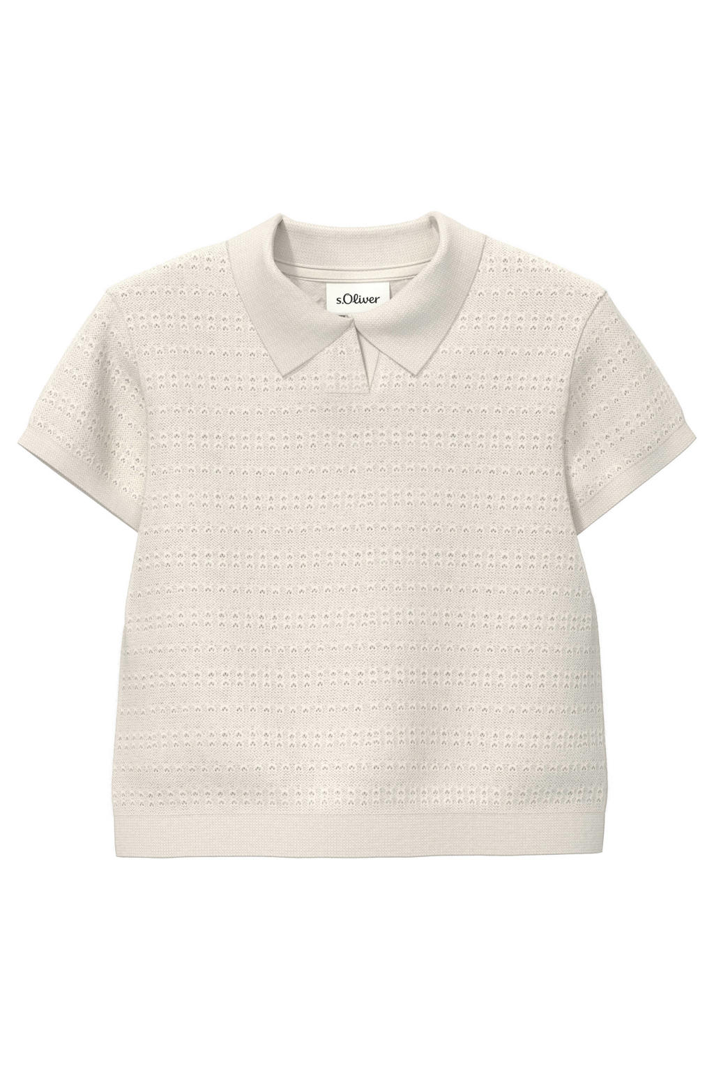 Ecru jongens s.Oliver T-shirt ajour van acryl met effen, korte mouwen en polo kraag