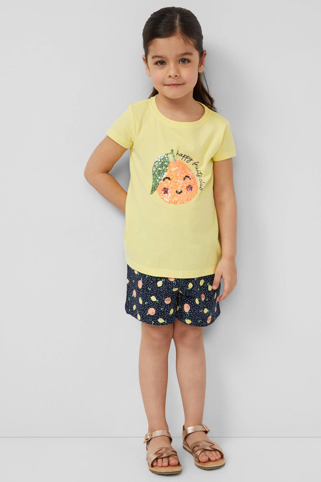 Gele meisjes s.Oliver T-shirt van katoen met printopdruk, korte mouwen, ronde hals en pailletten