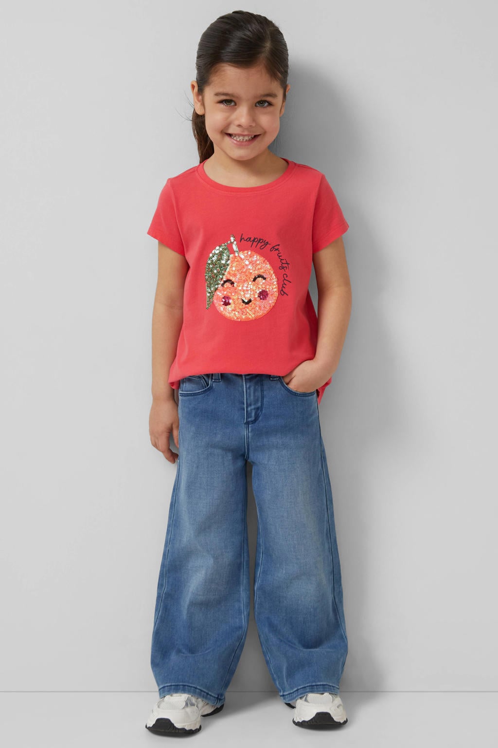 Rode meisjes s.Oliver T-shirt van katoen met printopdruk, korte mouwen, ronde hals en pailletten