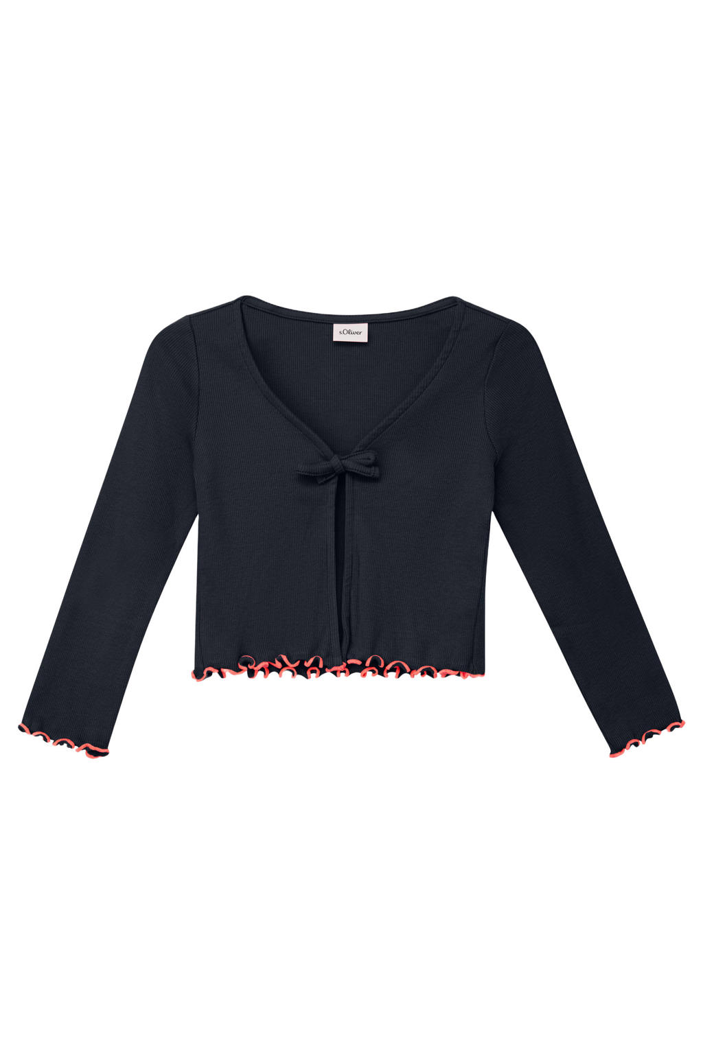 Donkerblauwe meisjes s.Oliver T-shirt rib gebreid van stretchkatoen met effen, lange mouwen, V-hals en contrast bies