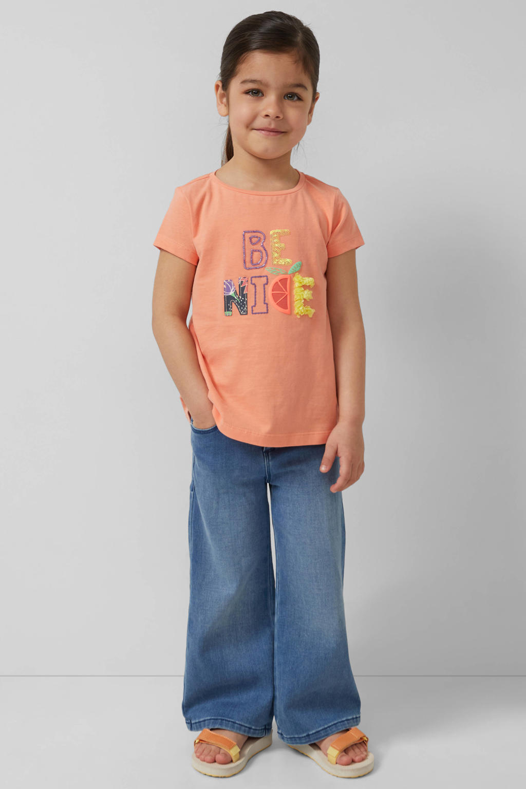 Oranje meisjes s.Oliver T-shirt van katoen met tekst print, korte mouwen, ronde hals en pailletten