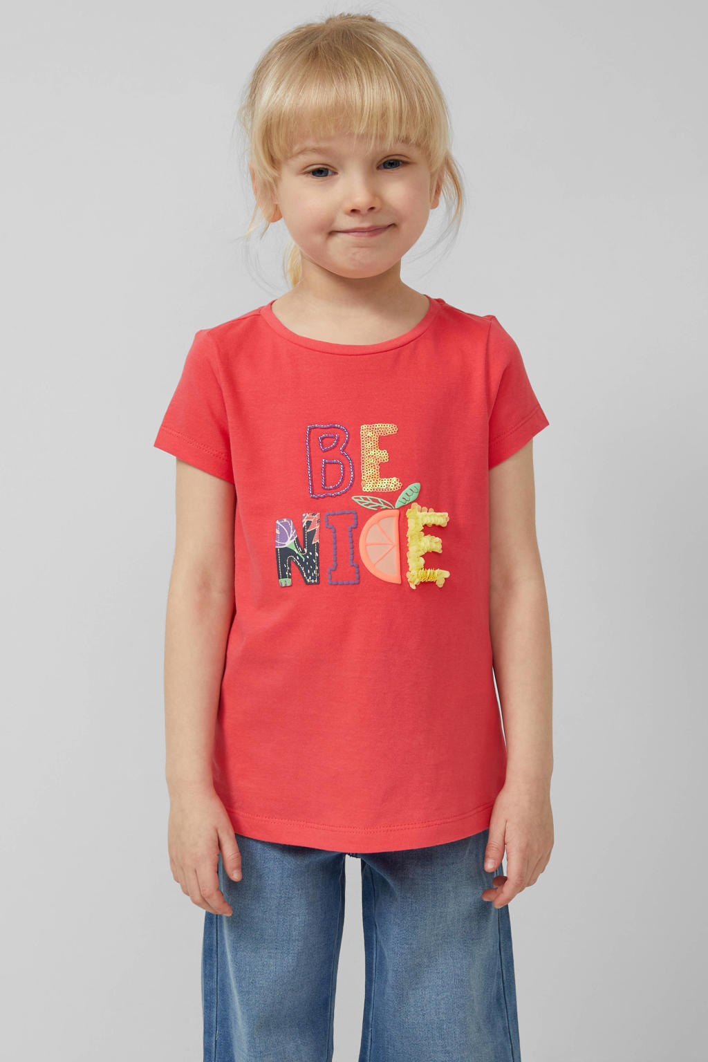 Rode meisjes s.Oliver T-shirt van katoen met tekst print, korte mouwen, ronde hals en pailletten