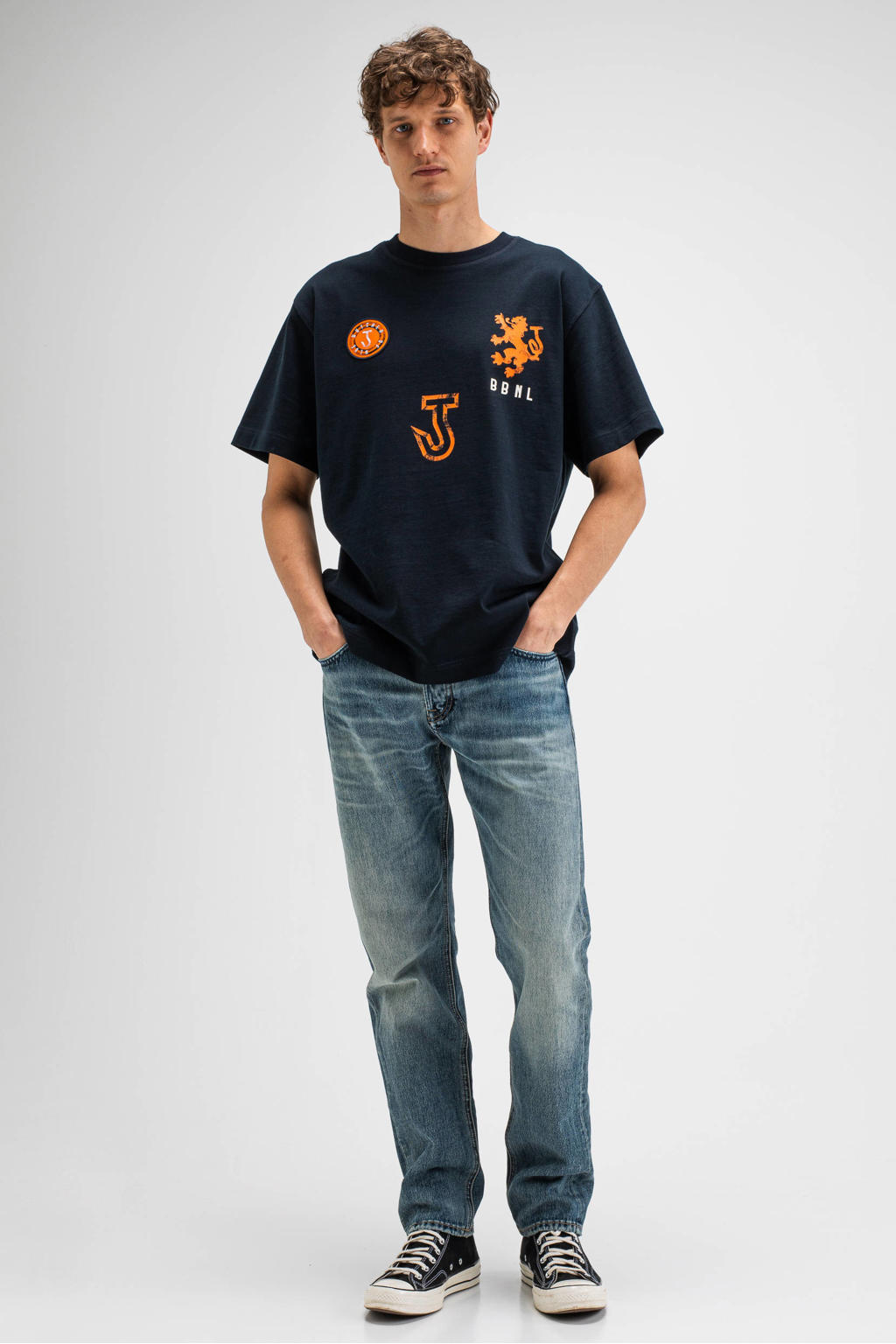 Donkerblauwe heren Butcher of Blue oversized T-shirt van katoen met backprint, korte mouwen en ronde hals