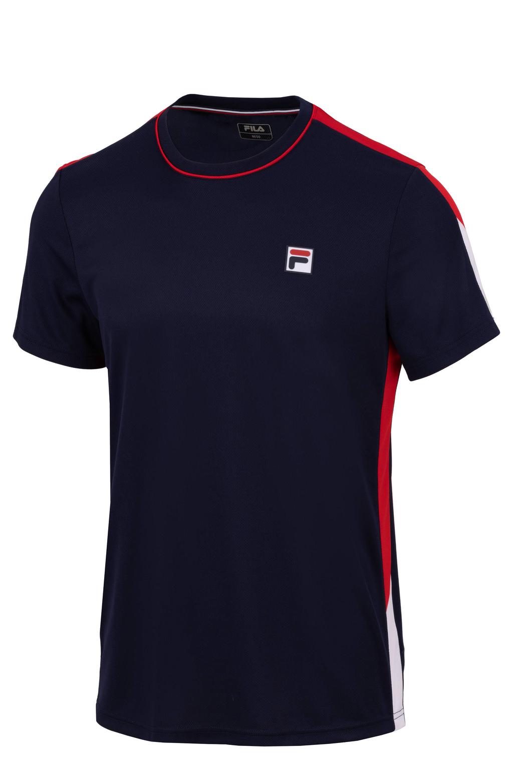 Donkerblauwe heren Fila sportshirt van polyester met effen, korte mouwen en ronde hals