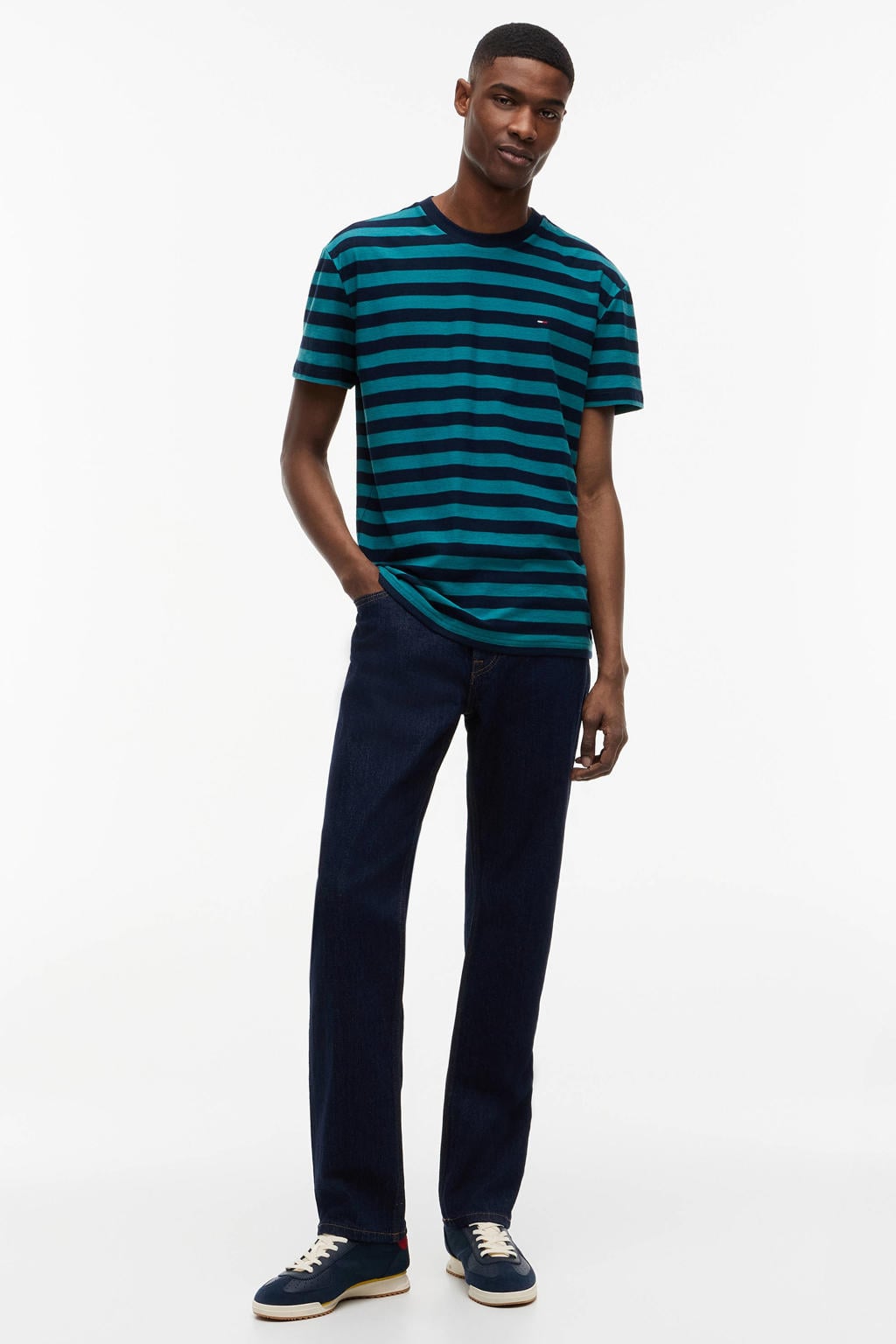 Petrolkleurige heren Tommy Jeans regular gestreept T-shirt van katoen met korte mouwen en ronde hals