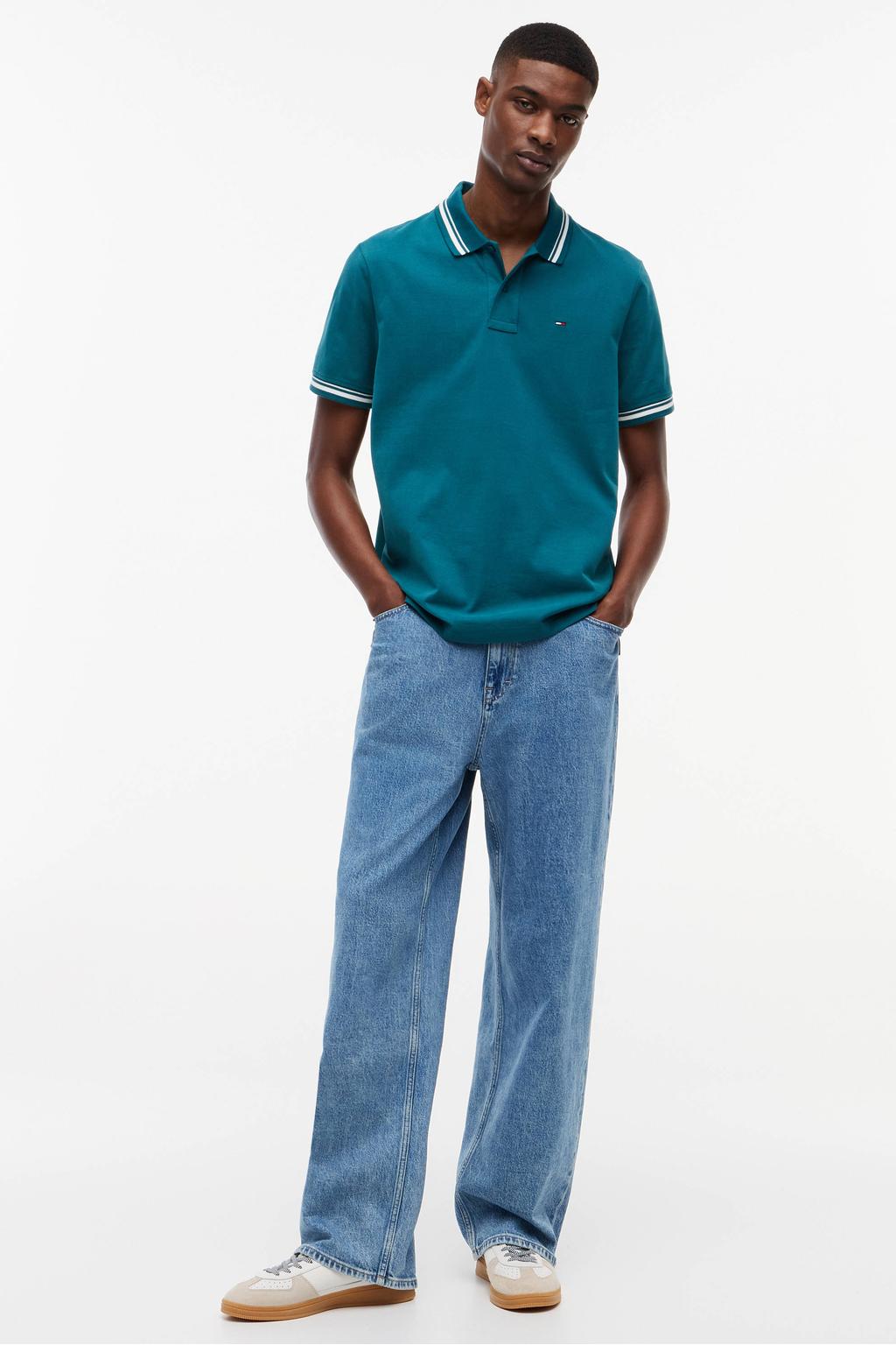 Groene heren Tommy Jeans regular fit polo boorden van katoen met effen en korte mouwen
