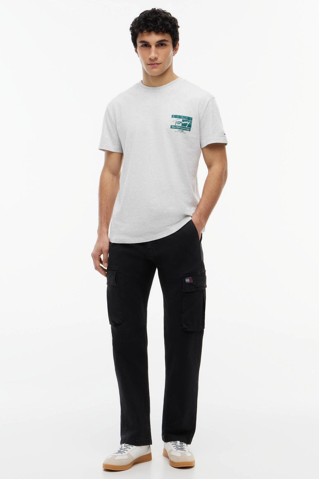 Grijze heren Tommy Jeans regular fit T-shirt van katoen met korte mouwen en ronde hals