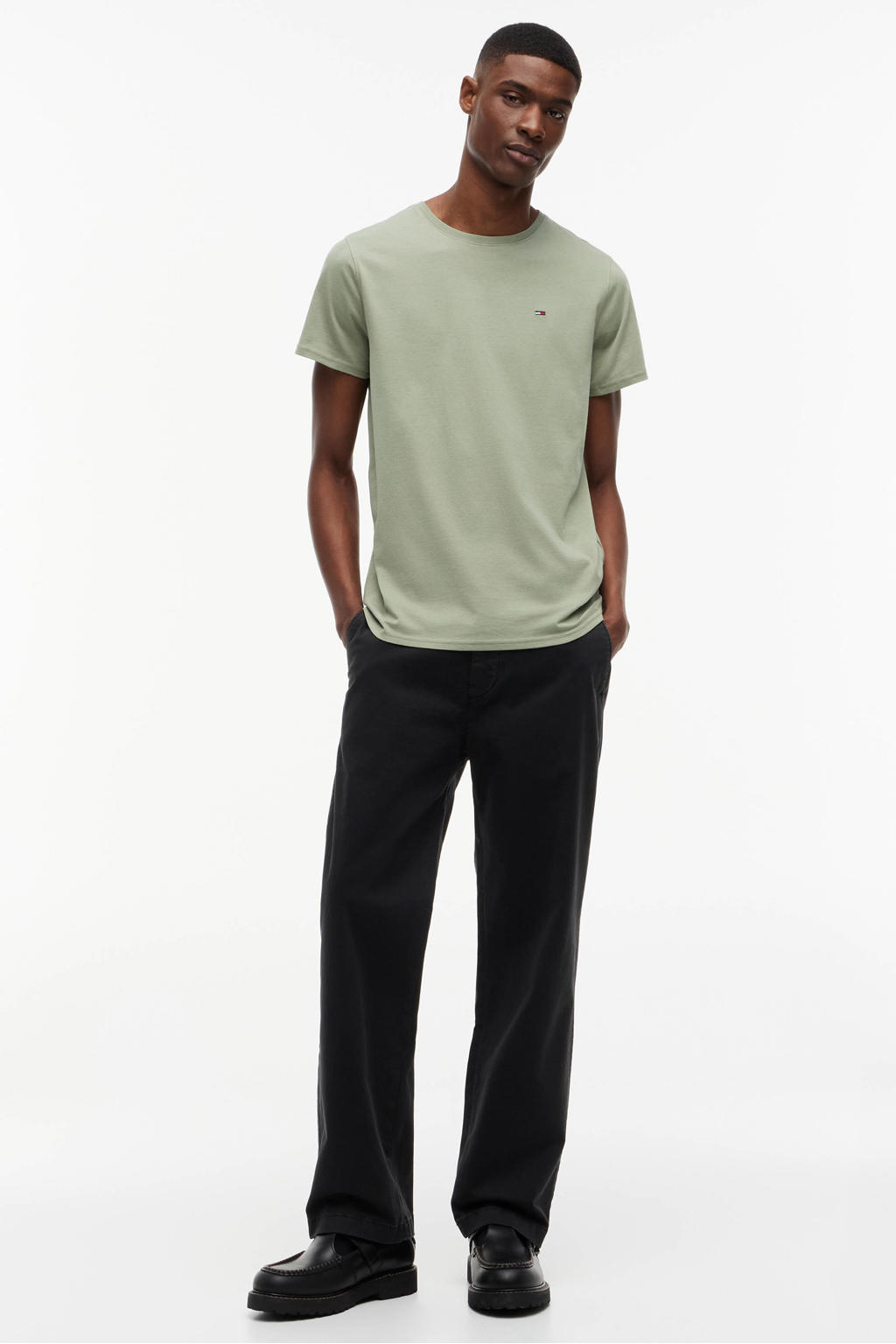 Groene heren Tommy Jeans slim T-shirt van katoen met effen, korte mouwen en ronde hals