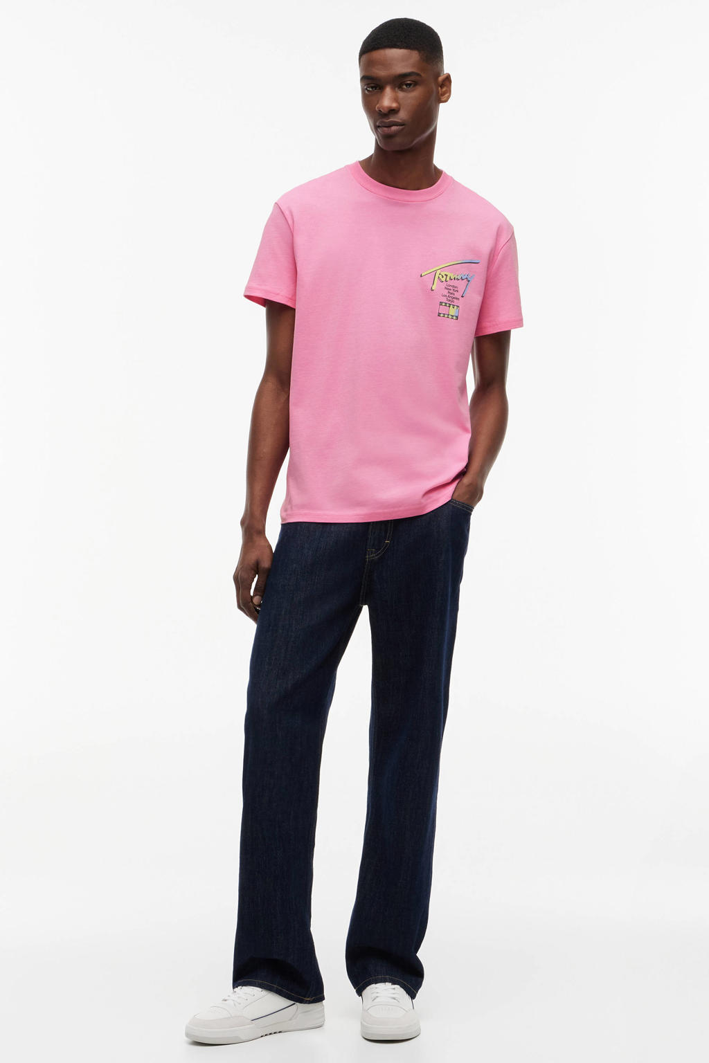 Roze heren Tommy Jeans regular T-shirt van katoen met backprint, korte mouwen en ronde hals