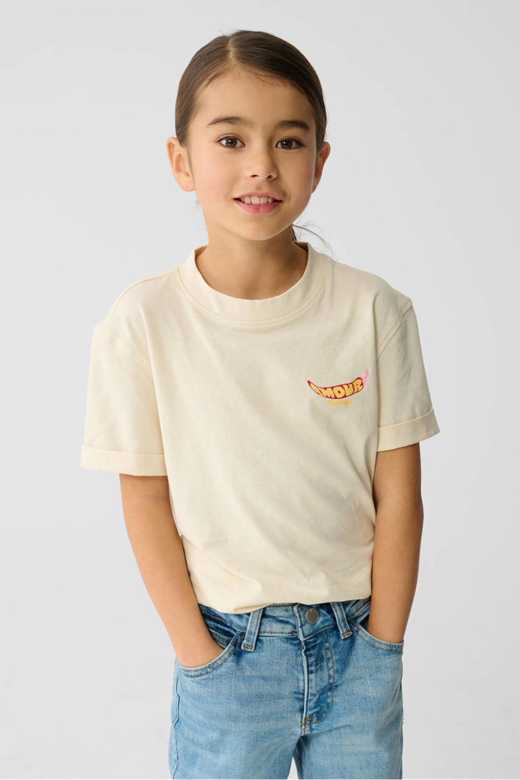 Ecru meisjes Shoeby T-shirt van katoen met printopdruk, korte mouwen en ronde hals