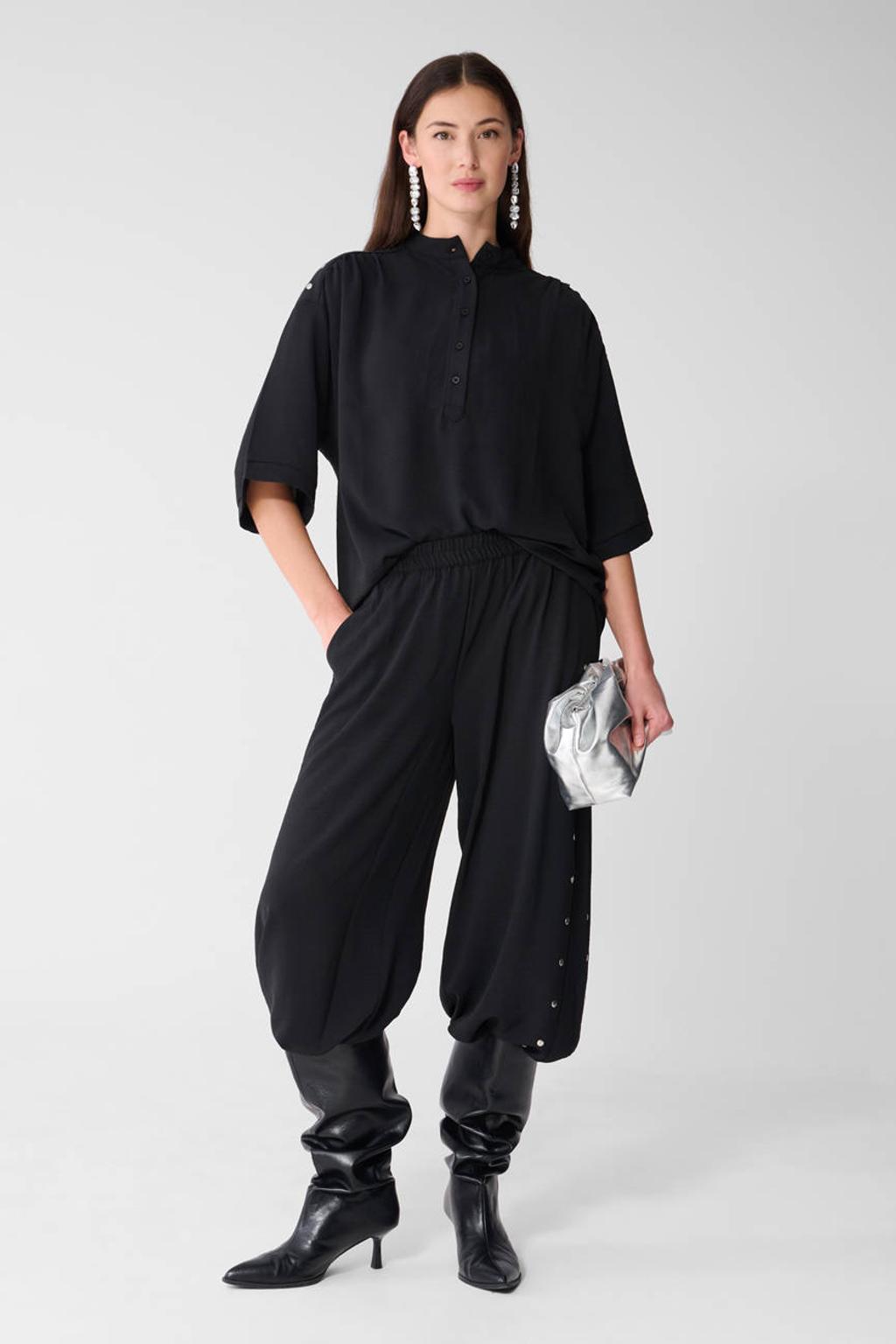Zwarte dames Shoeby high waist broek van polyester met loose fit, elastische tailleband en effen