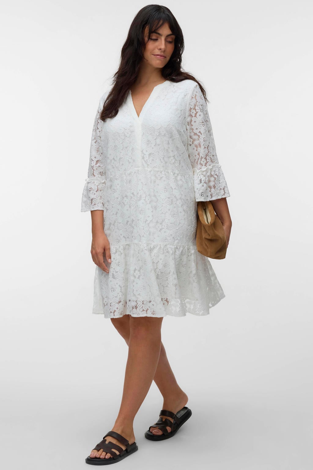 Ecru dames VERO MODA CURVE A-lijn jurk broderie van katoen met effen, driekwart mouwen, V-hals en kant