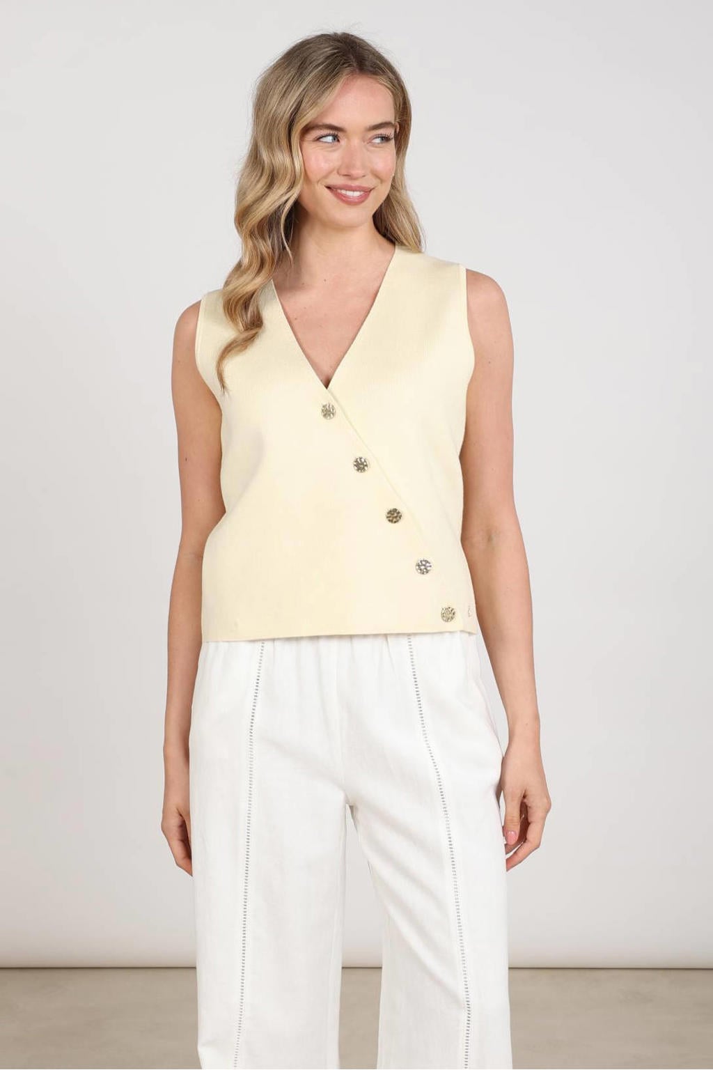 Lichtgele dames NUKUS regular blazer van viscose met effen, V-hals en knoopsluiting