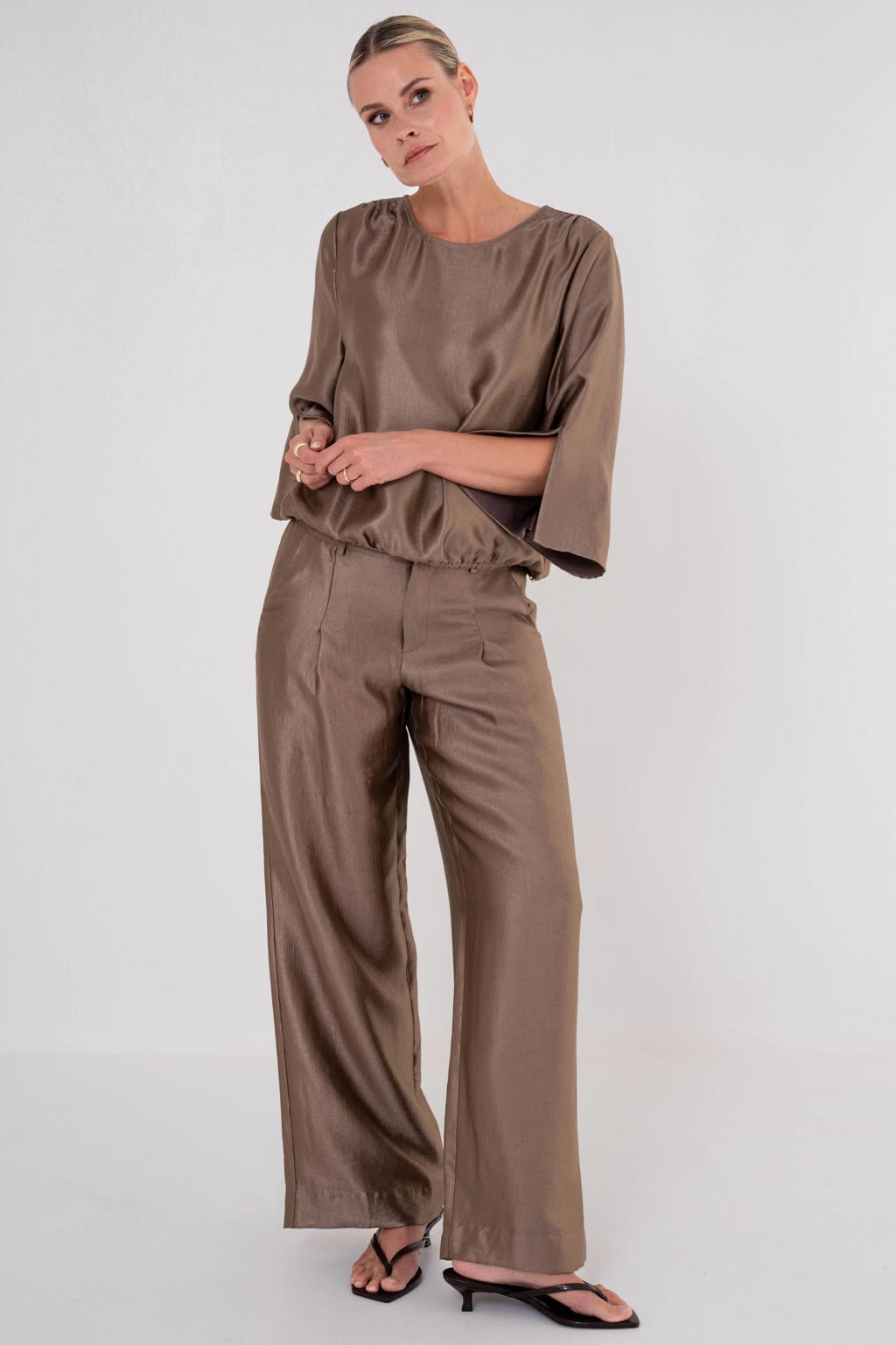 Bruine dames Maicazz & Zizo top van polyester met effen, lange mouwen en ronde hals