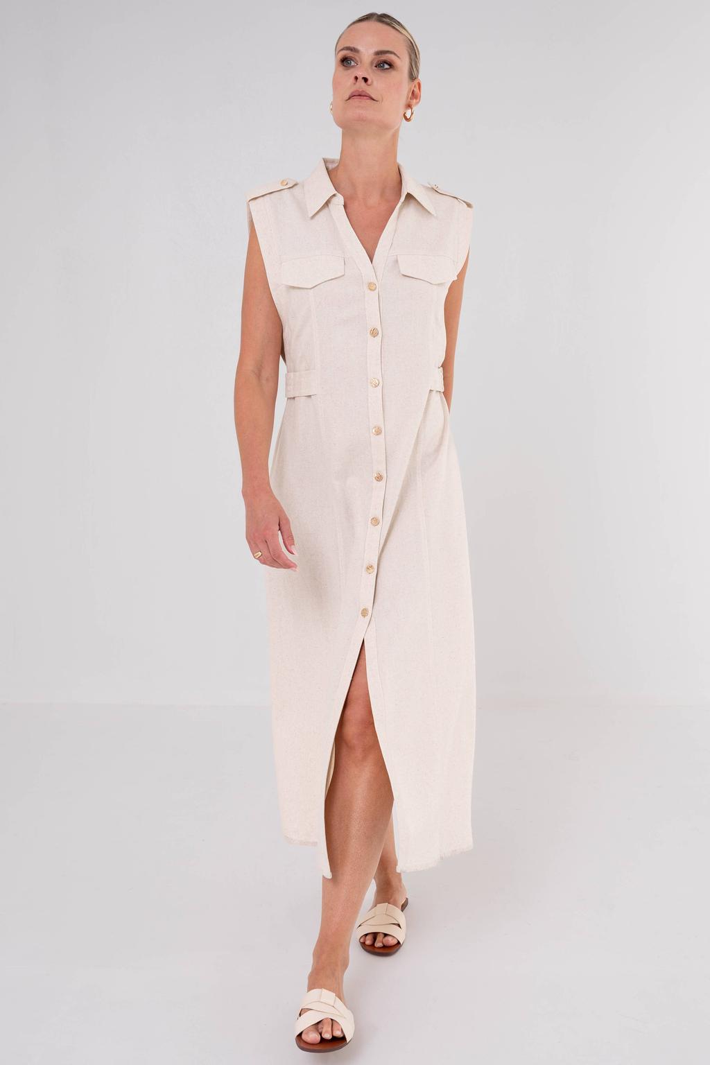 Beige dames Maicazz & Zizo blousejurk van viscose met effen, V-hals en knoopsluiting