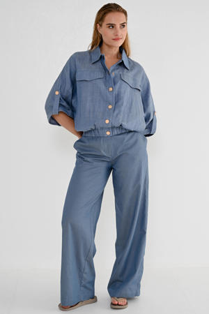 katoenen high wide leg broek - blauw
